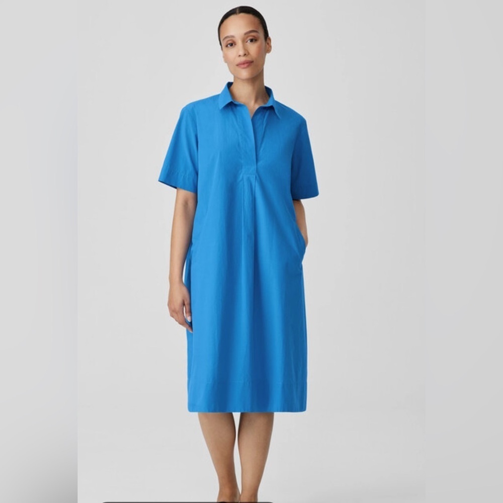 Eileen Fisher Calypso Blue Organic Cotton Poplin Short Sleeve Midi Shirt Dress L
